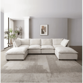 130 Inch Modular Sectional Sofa, Linen Fabric Couch Set With Convertible Ottoman,U Shaped Sofa,comfortable,Freely Combinable Sofa For Living Room (Color: Beige)