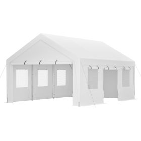 13x20 Ft Heavy Duty Carport Car Canopy Car Boat Shelter With Roll Up Doors & Windows And Removable Sidewalls (Color: White)