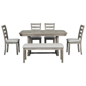 TREXM 6-Piece Rubber Wood Dining Set With Wood Grain Pattern Tabletop (Option: Gray)