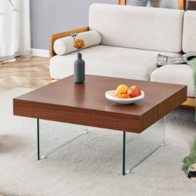 Natural Style Square MDF Coffee Table - 31.5x31.5 With Tempered Glass Legs.Density Board Sticker,Reinforced Glass (Option: Walnut)