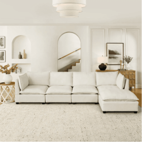 Convertible Sectional Sofa Couch With Ottoman, Cloud Couch 4 Seat L Shaped Sofa With Padded Armrests And Ottoman .Cloud Sofa For Living Room, Apa (Color: Beige)