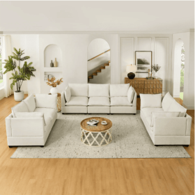 3-Piece Chenille Fabric Upholstered Living Room Furniture Set, Including 3-Seater Sofa AndV2 Loveseat Sofa With Seat And Back Cushion Beige White (Color: Beige)