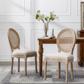 French Style Solid Wood Antique Linen & Rattan Dining Chair, Set Of 2, Cream (Color: Beige)