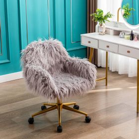 HengMing Faux Fur Office Chair, Fluffy Girls Makeup Vanity Chair With Gold Pl (Color: Grey)