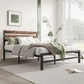 Rustic Vintage Wood Headboard Full Size Platform Bed With Metal Slats Support (Color: Black)