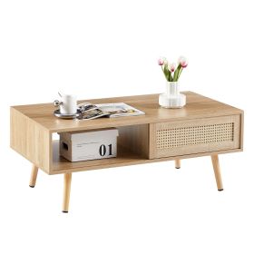 41.34 Inch Rattan Coffee Table, Sliding Door For Storage, Solid Wood Legs, Modern Living Room Table, Natural (Option: Nature)