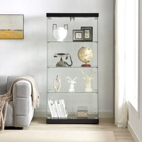 4-Tier Glass Display Cabinet, Double Door Glass Cabinet, Four Partitions, Two Locks, Floor Standing (Color: Black)