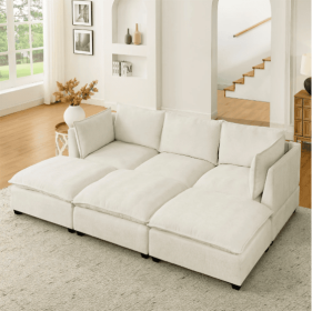 Comfy Cloud Couch Sectional 3 Seat Sofa With 2 Ottoman, Chenille Sofa Sleeper Deep Seat Sofa With Throw Pillows For Living Room Beige White (Color: Beige)