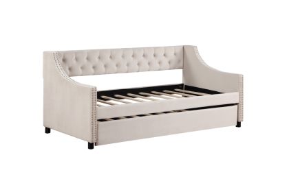 Daybed With Trundle Upholstered Tufted Sofa Bed, With Button And Copper Nail On Arms Full Size Beige (Color: Beige)
