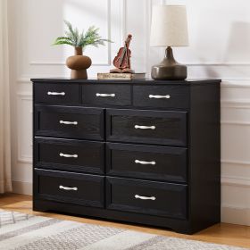 Bedroom Dresser, 9 Drawer Long Dresser With Antique Handles, Wood Chest Of Drawers For Kids Room, Li (Color: Black)