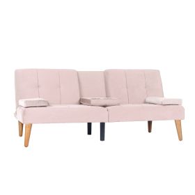 Modern Velvet Upholstered Futon Sofa Bed With 2 Cup Holders For Living Room (Color: Pink)