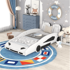 Double Race Platform Bed With Wheels, White (Option: Black White)
