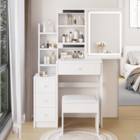 29.2 Small Size Left Bedside Cabinet Vanity Table   Cushioned Stool, Large Sliding, Touch Control, Tri Color Switching, Brightness Adjust LED Mir (Color: White)