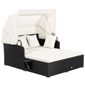 Patio Rattan Daybed With Retractable Canopy And Side Tables (Color: Black)