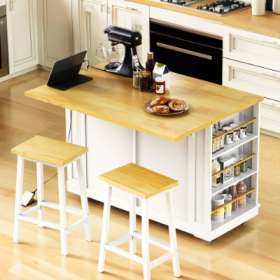 Large Kitchen Island With 2 Bar Stools, Power Outlet, Door Internal Storage Rack, Kitchen Storage Cart On 5 Wheels With Drop Leaf, 5 Open Side Ra (Option: White-Kitchen Island Set)