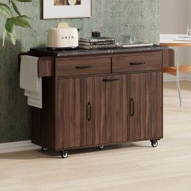 K&K Kitchen Island With Trash Can Storage Cabinet, Kitchen Cart With Drop Leaf, Spice Rack, Towel Ra (Option: Walnut Brown)