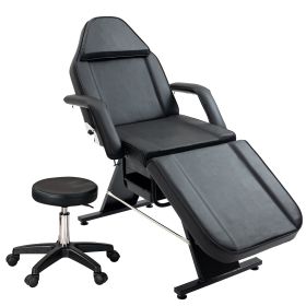 Massage Salon Tattoo Chair With Two Trays Esthetician Bed With Hydraulic Stool,Multi-Purpose 3-Section Facial Bed Table, Adjustable Beauty Barber (Color: Black)