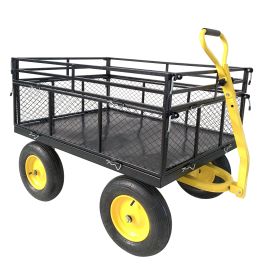 Steel Garden Cart, Heavy Duty 1400 Lbs Capacity, With Removable Mesh Sides To Convert Into Flatbed, Utility Metal Wagon With 2-in-1 Handle And 16 (Color: Black)