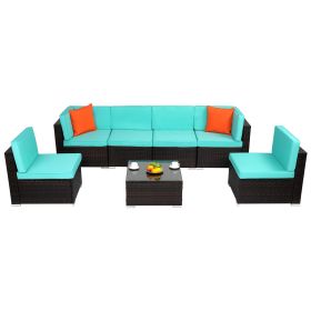 2pcs Middle Sofa Brown Gradient Rattan Lake Blue Cushion Sponge Sandwich Woven Rattan Multi Piece Set (Option: Brown Blue)