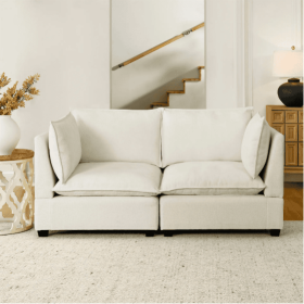 Modern Chenille Comfy Upholstered 2-Seat Sofa With 2 Lumbar Pillow, Deep Seat Sofa Sleeper For Living Room, Apartment, Office, Studio Beige White (Color: Beige)