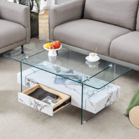 43.3 Inch Modern Two-Tier Coffee Table - Clear Tempered Glass And Black Marble Texture, Multifunctional Storage Design.The Bottom Tier Includes A (Color: White)