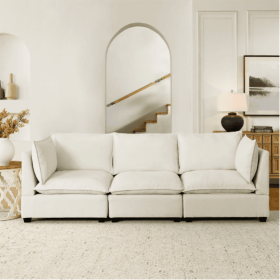 Modern Chenille Comfy Upholstered 3-Seat Sofa With 2 Lumbar Pillow, Deep Seat Sofa Sleeper For Living Room, Apartment, Office, Studio  Beige Whit (Color: Beige)
