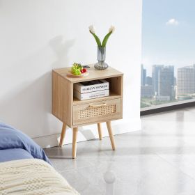 15.75  Rattan End Table With Power Outlet, USB Ports, Drawer   Solid Wood (Option: Natural)