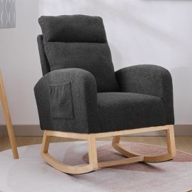 Modern Accent Rocking Chair Rocking Chair With Solid Wood Legs, Upholstered Nursery Glider Rocker, Comfy Armchair With Side Pocket, Living Room L (Color: Dark grey)