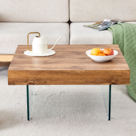 Natural Style Square MDF Coffee Table  31.5x31.5 With Tempered Glass Legs.Density Board Sticker,Reinforced Glass (Option: Natural Wood)