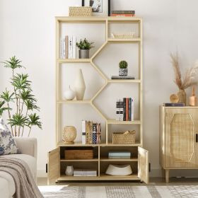 Rattan 7-Tier Bookshelf With Cabinet For Living Room Home Office, Natural (Option: Natural)