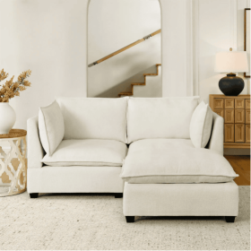Comfy Cloud Couch Loveseat With Ottoman, Modern Chenille Love Seat Upholstered Modular Couch Sleeper For Living Room, Apartment, Studio, Office B (Color: Beige)
