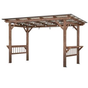 13X 6.5 Ft Wooden Pergola Grill Gazebo With Metal Roof & Bulbs & Bar Counters (Color: Brown)