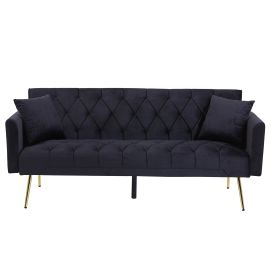 Modern Velvet  Sofa Bed Folding Futon For Lving Room (Color: Black)