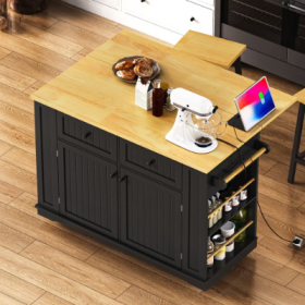 Large Kitchen Island With 2 Bar Stools, Power Outlet, Door Internal Storage Rack, Kitchen Storage Cart On 5 Wheels With Drop Leaf, 5 Open Side Ra (Option: Black-Single Kitchen Island)