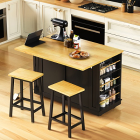 Large Kitchen Island With 2 Bar Stools, Power Outlet, Door Internal Storage Rack, Kitchen Storage Cart On 5 Wheels With Drop Leaf, 5 Open Side Ra (Option: Black-Kitchen Island Set)