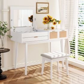 43.3 Wood Makeup Vanity Set With Flip-Top Mirror, Stool   3 Drawers (Color: White)