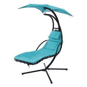 Hanging Chaise Lounger With Removable Canopy, Outdoor Swing Chair With Built-in Pillow, Hanging Curved Chaise Lounge Chair Swing For Patio Porch (Color: Blue)