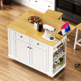 Large Kitchen Island With 2 Bar Stools, Power Outlet, Door Internal Storage Rack, Kitchen Storage Cart On 5 Wheels With Drop Leaf, 5 Open Side Ra (Option: White-Single Kitchen Island)