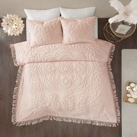 Romantic Boho Chic Tufted Cotton Chenille Medallion Fringe Coverlet Set, Blush (size: King/Cal King)