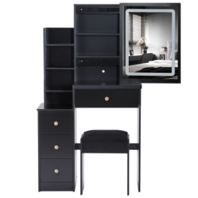 29.2 Small Size Left Bedside Cabinet Vanity Table   Cushioned Stool, Large Sliding  Touch Control  Tri-color Switching, Brightness Adjust LED Mir (Color: Black)