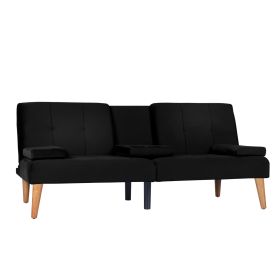 Modern Velvet Upholstered Futon Sofa Bed With 2 Cup Holders For Living Room (Color: Black)