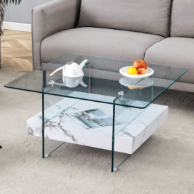 31.4 Inch Modern Two Tier Square Coffee Table - An Elegant Combination Of Clear Glass And Black Marble Pattern Sticker.It Can Be Used As A Coffee (Color: White)