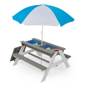 3-in-1 Children's Outdoor Wooden Picnic Table With Umbrella, Convertible Sand And Water, And 7 Plastic Toys (Option: Gray)